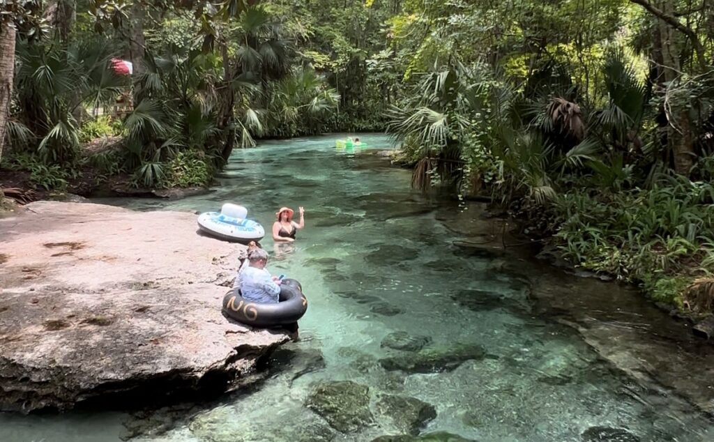 Top of Kelly Park Rock Springs with clear blue waters, lush greenery, and people tubing, creating a serene and picturesque setting