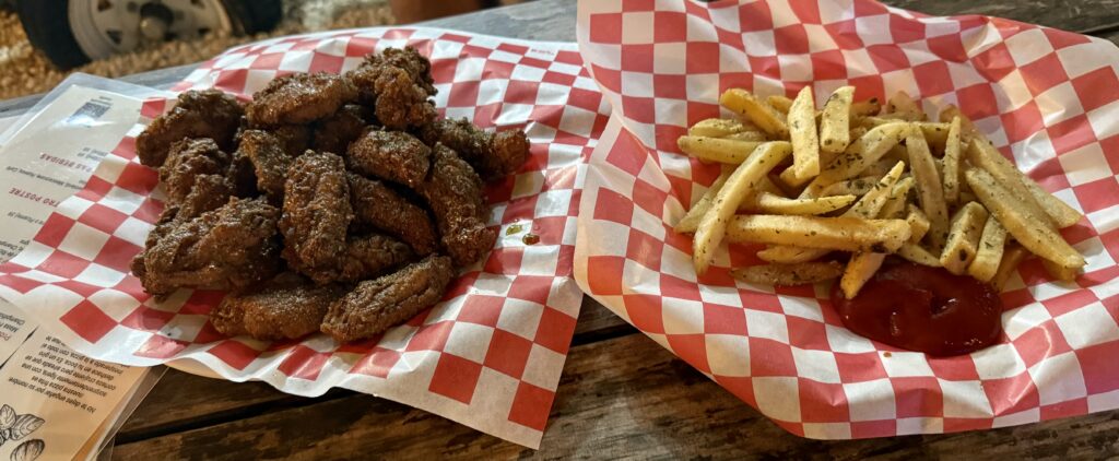 A close up of my food, a plate of honey lemon pepper garlic chicken wings served with golden fries, showcasing a delicious meal from Gourmet Park