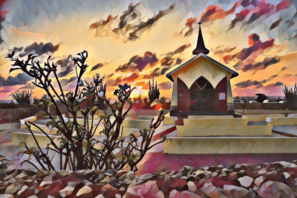 Artistic depiction of the Alto Vista Chapel in Aruba with sunrise behind it, featuring vibrant flowers in the foreground