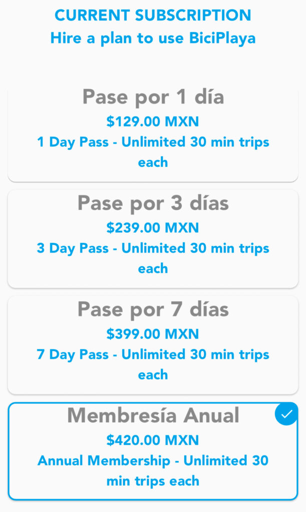 Screenshot of the Biciplaya app subscription page, highlighting options for renting bicycles and exploring Playa del Carmen with ease