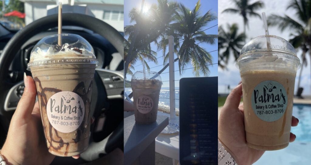 Frappes from Palmas Bakery served with a view of palm trees and the Caribbean at my Airbnb, creating a refreshing tropical vibe.