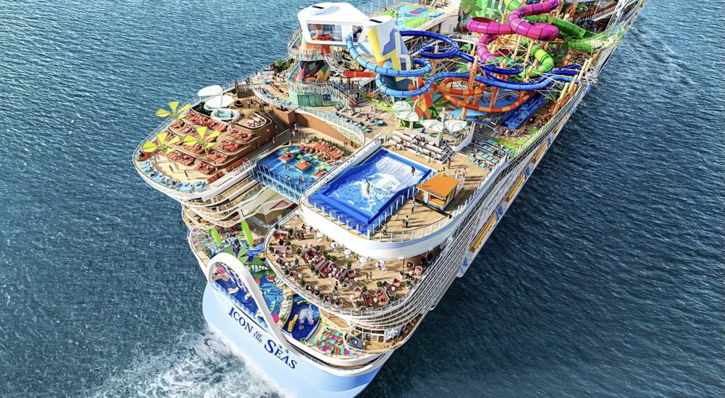 The back of the Icon of the Seas cruise ship featuring various activities and amenities, surrounded by the vast ocean with guests enjoying pools, waterslides, and outdoor entertainment options