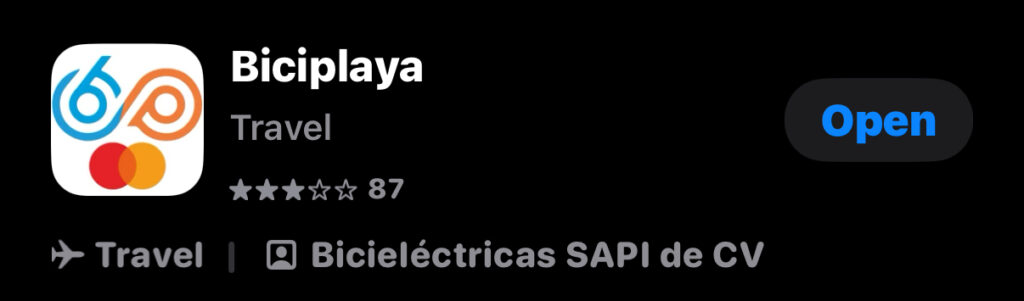 Screenshot of the Biciplaya app on the App Store, featuring its user interface showcasing rental bikes and options for exploring Playa del Carmen