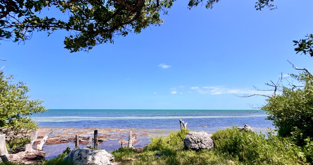 View from tent campsites at Bahia Honda State Park, showcasing the calm Caribbean waters and serene coastal landscape, ideal for boat arrivals and peaceful stays