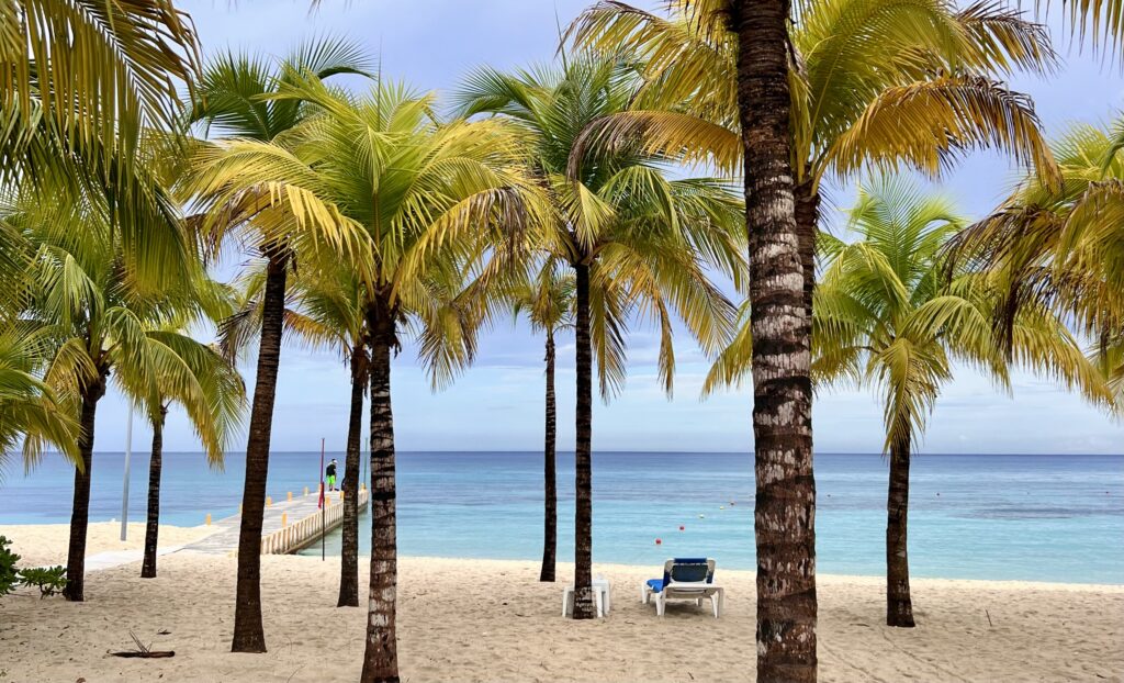 Stunning view of the Caribbean Sea at Allegro Cozumel Resort, showcasing the sandy beach, boat dock, and palm trees for a tropical paradise vibe