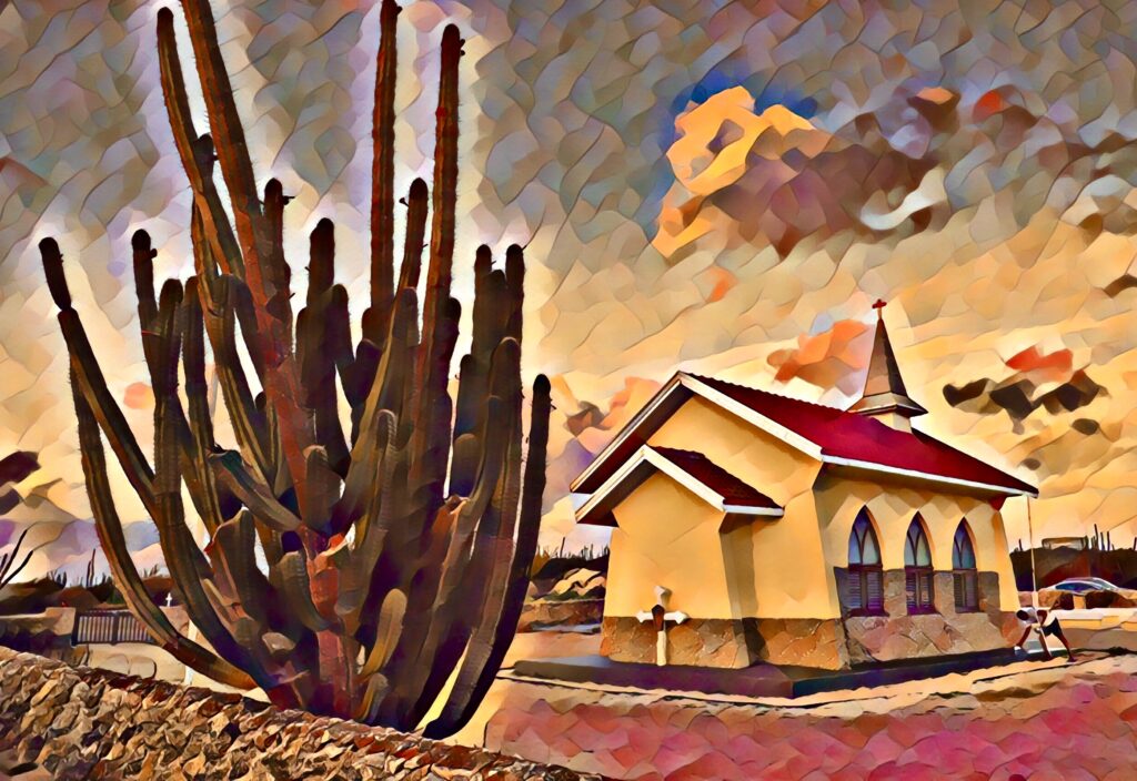 Artistically transformed image of Alto Vista Chapel in Aruba with a large cactus beside it, featuring vibrant colors creating a striking visual